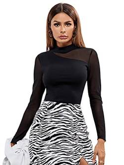 DIDK Damen Mesh Langarmshirt Stehkragen Elegant Shirt Oberteile Durchsichtiges Netz Langarm T-Shirt Casual Top Schwarz L von DIDK