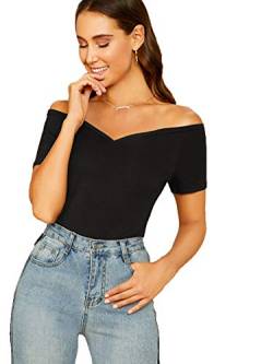 DIDK Damen T-Shirt Schulterfrei Tops Oberteil Slim Shirts mit Herzausschnitt Einfarbig Basicshirt, L, Schwarz-kurzarm von DIDK