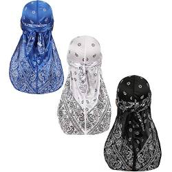 Paisley Bandana Doo Ragmütze Headwraps Herren Damen Seide Durag mit langem Schwanz und breiten Trägern für 360 Wellen, Schwarz, Marineblau, Weiß, Einheitsgröße von DINPREY