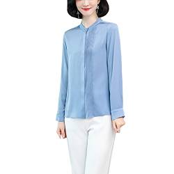 DISSA Damen Blau Hemdbluse Seide Solide Button Down Hemden Damenbluse Langarm Stehkragen Seidenbluse,L,S3392 von DISSA