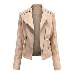 DISSA Damen Khaki Kunstleder Motorrad Jacke Lederjacke Schlank Reißverschluss Stehkragen Kurz Mantel,40,P6638 von DISSA