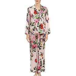 DISSA Damen Rosa Blumen 100% Seide Pyjama-Set Oberteil und Capri-Hose Schlafanzug Langarm 19 Momme Seidenpyjama,XL,T8127ZB von DISSA