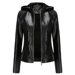 DISSA Damen Schwarz Kunstleder Freizeitjacke Lederjacke Schlank Reißverschluss mit Kapuze Kurz Mantel,42,P6677 von DISSA