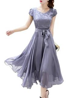 DISSA Grau Seide Damen Kleid Kurzarm Bindegürtel Elegant Seidenkleid Rundhals Midi Freizeitkleid Einfaches A-Linie Sommerkleid,36,D68096 von DISSA