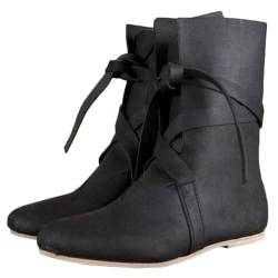 Mittelalterliche Ritterstiefel aus PU-Leder, Renaissance, mittelalterliche Cosplay-Stiefel, Vintage-Stiefel für Herren und Damen, Schnürschuhe mit flachem Boden,Schwarz,47 EU von DJFOG