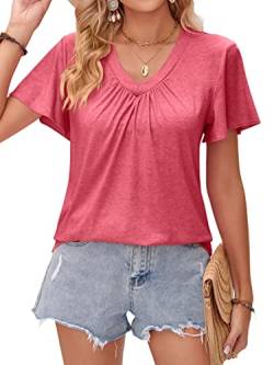 DJT Damen Sommer T-Shirt Kurzarm V-Ausschnitt Knopfleiste Bluse Elegant Einfarbig Tunika Oberteile Top Hemd Rosa XL von DJT