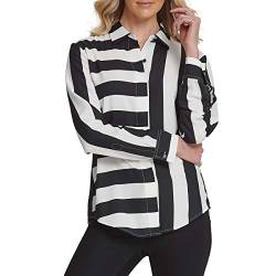 DKNY Women's Printed Button-up Blouse with Rugby Stripes, Step Hem and Long Sleeves, Black / Ivory, S von DKNY