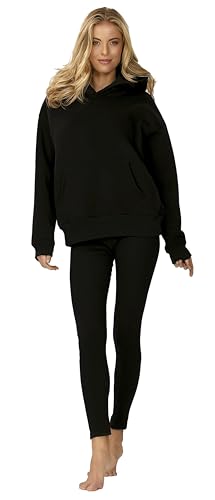 DKaren Damen Freizeitanzug Hausanzug Jogginganzug | Leggings Gerippt und Fleece Kapuzenpullover Langarm | Große Kapuze Hoddie Baumwolle (S, Schwarz) von DKaren