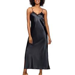 DKaren Nachtkleid Damen Lang Abeni S - Satin Nachthemd Lang - Unterkleid Damen Lang mit Spitze am Ausschnitt - Satin-Nachthemd - Negligee Damen Satin Schwarz von DKaren