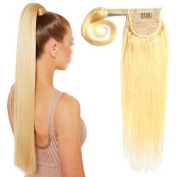 Glatte Pferdeschwanz-Extensions aus Echthaar, lange glatte einteilige Haarteile für Frauen für mehr Volumen, 613 Blond(613,22in-55.9cm) von DLKJCX