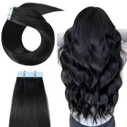 Tape-in-Extensions aus Echthaar, 50 g, 20 Stück, tiefschwarz, Skin Weft, doppelseitiges Tape-Ins, langlebiges, unsichtbares Tape für modebewusste Frauen(Black,18in-45cm) von DLKJCX