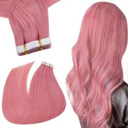 Tape-in-Extensions mit lockigem Haar, rosa, echtes Menschenhaar, 40 Stück, 100 g, unsichtbare Seiten, PU-Haar, Pfirsich, für modebewusste Frauen(Pink,28in-70cm) von DLKJCX