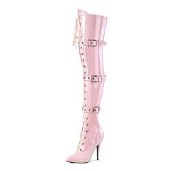 DMBDY High Heels Damen Overknee Stiefel mit Spitzer Zehenpartie Stilettos Schnürung und Schnallen Pumps Party Kleid Pole Dance Schuhe 12cm,Pink,44 von DMBDY