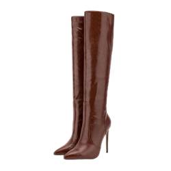 DMBDY High Heels Damen Spitzschuh Stiletto Kniehohe Stiefel Bequeme Schlupfstiefel Hohe Stiefel Seitlicher Reißverschluss Partyschuhe,Brown 12cm,47 von DMBDY