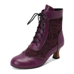 DMBDY High Heels Damen Stiefeletten Runder Zehenpartie Klobigem Absatz Schnürstiefeletten Klassische Abendkleid Partyschuhe 5,5cm,Purple,34 von DMBDY