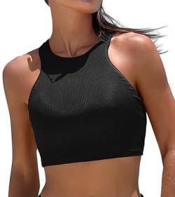 DOBREVA Damen Bikini Oberteil Hoher Hals Badeanzug Racerback Ribbed Gepolsterte Swim Crop Top Schwarz 44 von DOBREVA