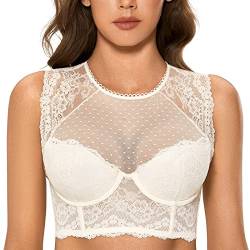 DOBREVA Damen Korsett BH Spitze Longline Top mit Integriertem BH Große Größen Hochgeschlossenes Bustier Elfenbein 80A von DOBREVA