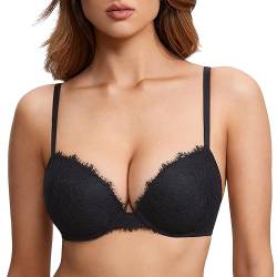 DOBREVA Damen Push Up BH Sexy Dirndl Spitze Bügel BHS Volle Abdeckung Gepolstert für Tiefen Ausschnitt Schwarz 75D von DOBREVA