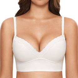 DOBREVA Damen Push Up BH ohne Bügel Soft Gepolstert Bügelloser Bustier mit Spitze Weiss 80A von DOBREVA