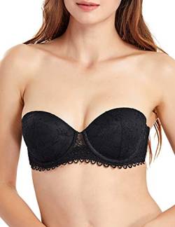 DOBREVA Damen Spitzen Trägerloser BH Bandeau Plunge mit Bügel und Einlagen Schwarz 85C von DOBREVA