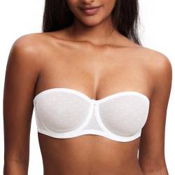 DOBREVA Damen Trägerloser BH Spitze Bandeau Bügel BH Sexy Transparent Ungefüttert Große Brüste Weiss 75D von DOBREVA