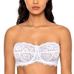 DOBREVA Damen Trägerloser Bandeau BH mit Bügel Einlagen und Spitze Demi BH Weiss 70A von DOBREVA