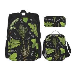 Basil Rucksack mit Thymian-Dill- und Rosmarin-Aufdruck, Reise-Laptop-Rucksack für Damen und Herren, lässige Büchertasche mit Lunch-Tasche, Federmäppchen, 3-teilig, Schwarz, Einheitsgröße, Schwarz , von DOFFO