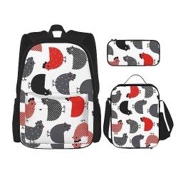 DOFFO Kreatives Cartoon-Huhn-Druck-Rucksack-Set, Reise-Laptop-Rucksack für Damen und Herren, lässige Büchertasche mit Lunch-Tasche, Bleistifttasche, 3 Stück, Schwarz, Einheitsgröße, Schwarz , von DOFFO