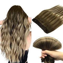 DOORES Echthaar Tressen Zum EinnäHen, Ombré Walnuss Braun Bis Ash Braun Und Bleach Blonde 35cm (14zoll) 80g, Echte Haare Extensions NatüRlich Glatte HaarverläNgerungen von DOORES