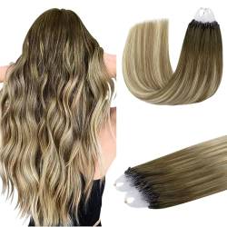 DOORES Haarverlängerungen Kurze Echthaarverlängerungen, Balayage Walnussbraun bis Aschbraun und Bleichblond 35cm 50g/50s, Mikroperlen-Haarverlängerungen von DOORES