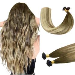 DOORES Human Hair Extensions Keratin Tip 40cm 50g/50s, Balayage Walnussbraun bis Aschbraun und Bleichblond Natürliche U Tip Haarverlängerungen Echthaar von DOORES