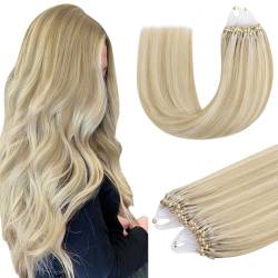 DOORES Microlinks Haarverlängerungen Echthaar, Dreckiges Blond Highlights Bleichblond 35cm 50g/50s, gerade Haarverlängerungen für Frauen, Perlen-Haarverlängerungen von DOORES