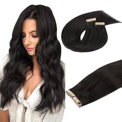 DOORES Tape Extensions Echthaar Natürliches Echthaar Tape in Menschliches Haar, Natürliches Schwarz 35cm (14zoll) 100g 40pcs, Extensions Echthaar Tape in Gerade Haar Skin Weft von DOORES