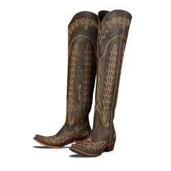 DOREENDORIS Western-Cowboystiefel für Damen, Stickerei, spitzer Zehenbereich, niedriger klobiger Absatz, seitlicher Reißverschluss, Overknee, Cowgirl-Stiefel, Braun, 37 EU von DOREENDORIS