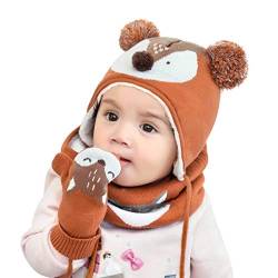 DORRISO Unisex-Baby Jungen Mädchen Mütze Schal Handschuh Set Niedlich Frühling Winter Herbst Beanie Strickmütze Warm Niedlich Klein Fuchs Wintermütze 1-6 Jahre alt Orange M von DORRISO