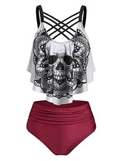 DRESSFO Damen-Bikini-Set, hohe Taille, zweiteiliger Badeanzug, Bauchkontrolle, Tankini, Gothic-Totenkopf-Badeanzug, tiefes rot, Large von DRESSFO