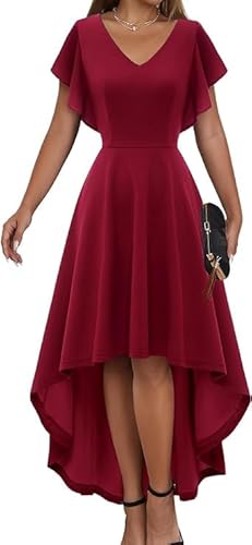 DRESSTELLS Damen Elegant Abendkleid Bescheiden Cocktaikleid Vintage A-Linie Ballkleid High Low Groß Größe Kleid Midilang Kleid Dark Red 2XL von DRESSTELLS