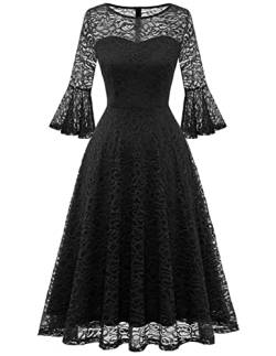 DRESSTELLS Damen Elegant Cocktailkleid 3/4 Ärmel Hochzeit U-Ausschnitt Abendkleid Spitzenkleid Brautjungfernkleid Black 2XL von DRESSTELLS