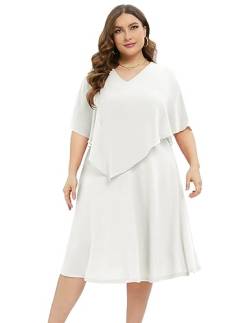 DRESSTELLS Damen Plus Größe Brautjungfernkleider Chiffon Cape Elegant Cocktailkleid Hochzeit Abendkleid V-Ausschnitt Knielang A-Linie Sommer Kleid White L von DRESSTELLS