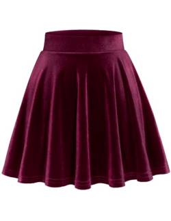 DRESSTELLS Damen Samt Rock Mini Skater Röcke Vielseitige A-Linie Basic Stretch Ausgestellte Casual Faltenrock Burgundy S von DRESSTELLS