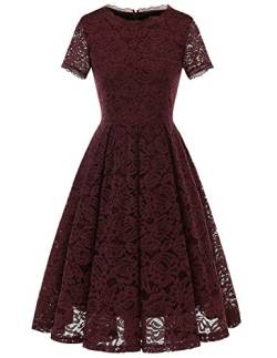 DRESSTELLS Damen Spitzenkleid brautmütter Kleider, Knielang Elegant Brautjungfer Cocktailkleid, Rockabilly Floral Kleid Kurzarm Burgundy S von DRESSTELLS