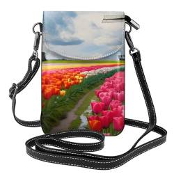 DRGFCXE Kleine Handy-Geldbörse mit roten Tulpen und Windmühle, Damen-Umhängetasche, Kunstleder, Geldbörsen, verstellbarer Riemen, Handtaschen mit Kartenfächern, Schwarz , Einheitsgröße von DRGFCXE