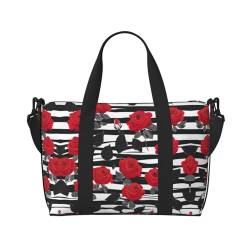 Reisetasche mit roten Rosen und Blumen, für Herren, Wochenendtasche, Übernachtungstasche, Sporttasche, Turnbeutel, Schwarz , Einheitsgröße von DRTGEDS