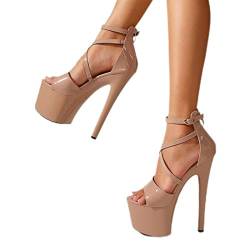 DSAI Sexy Super High Heel Plateau Pole Dancing Schuhe Mode Offene Zehen Schnalle Riemen Sandalen Sommer Reißverschluss Damen Pumps-Aprikose, 35 von DSAI