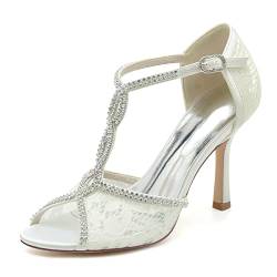 DSKHDZW Damen Kreuz Riemen Peep Toe Hochzeit Schuhe Mesh Spitze Party Kleid Pumps Stiletto Sandalen mit Absatz,Elfenbein,40 EU von DSKHDZW