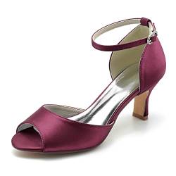 DSKHDZW Frauen Peep Toe Sandalen Mit Absatz Mid Kitten Heel Pumps Hochzeit Brautschuhe Mit Knöchelriemen,Burgundy,38 EU von DSKHDZW