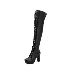 DSKHDZW Frauen Plattform Lange über das Knie Stiefel Lace Up Equestrian Tall Boots Mid Low Block Heel Combat Boots Side Zipper,Schwarz,34 EU von DSKHDZW