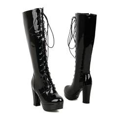 DSKHDZW Frauen Plattform Schnürstiefel Gothic Punk Lange Militärische Stiefel über dem Knie Winter Combat Biker Stiefel,Schwarz,36 EU von DSKHDZW