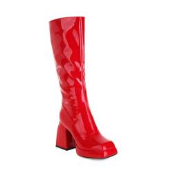 DSKHDZW Sexy Lackleder Knie Hohe Stiefel Breite Fit Kalbstaschen Stretch Fit Hohe Stiefel,Rot,36 EU von DSKHDZW