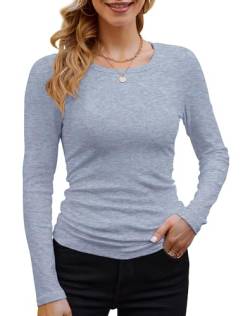 DUOEASE Basic T-Shirt Damen Mit Langen Ärmeln Elegant Rippshirt Pullover Herbst（Himmelblau，XL von DUOEASE